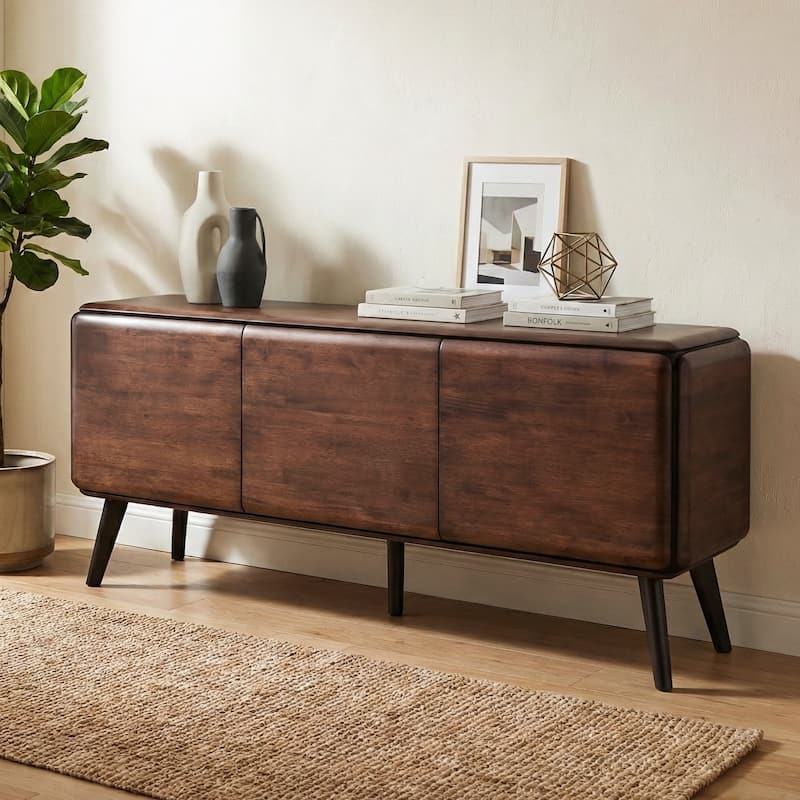 Furniture of America Abigail XV Mid-Century Modern Walnut Solid Wood Dining Server with Hidden Drawers and Shelves - Rich Walnut