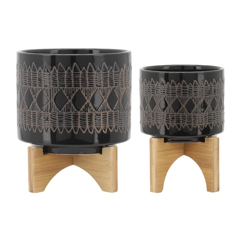 Sagebrook Home Ceramic Planters on Wood Stand - 8"x8"x10" - Set of 2 Black