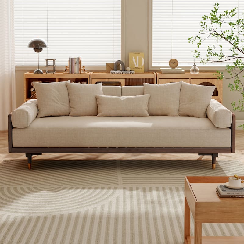 JASIWAY Modern Retractable Solid Wood Sleeper Sofa Bed - Brown color frame&Beige