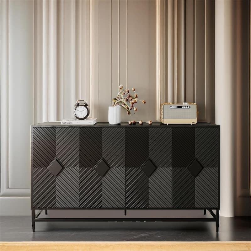Accent Black Lacquered 4 Door Wooden Cabinet Sideboard Buffet - Black