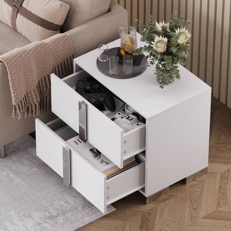 Modern End Table with Drawers, Elegant Nightstand with Metal Foot,Wood Bedside Table with Mirrored Metal Handles