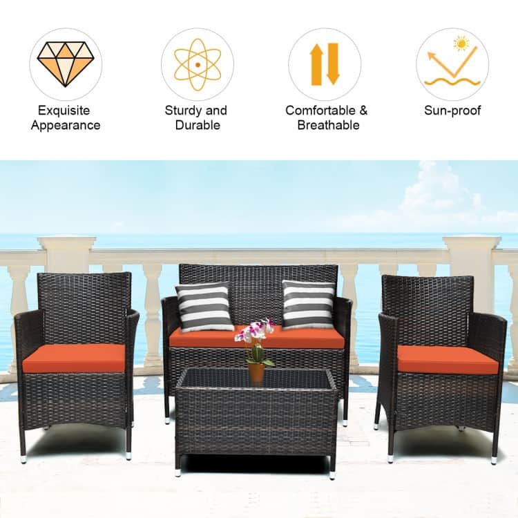 Rattan Patio Conversation Furniture Set with Glass Table and Comfortable Sofa - 4 Pcs