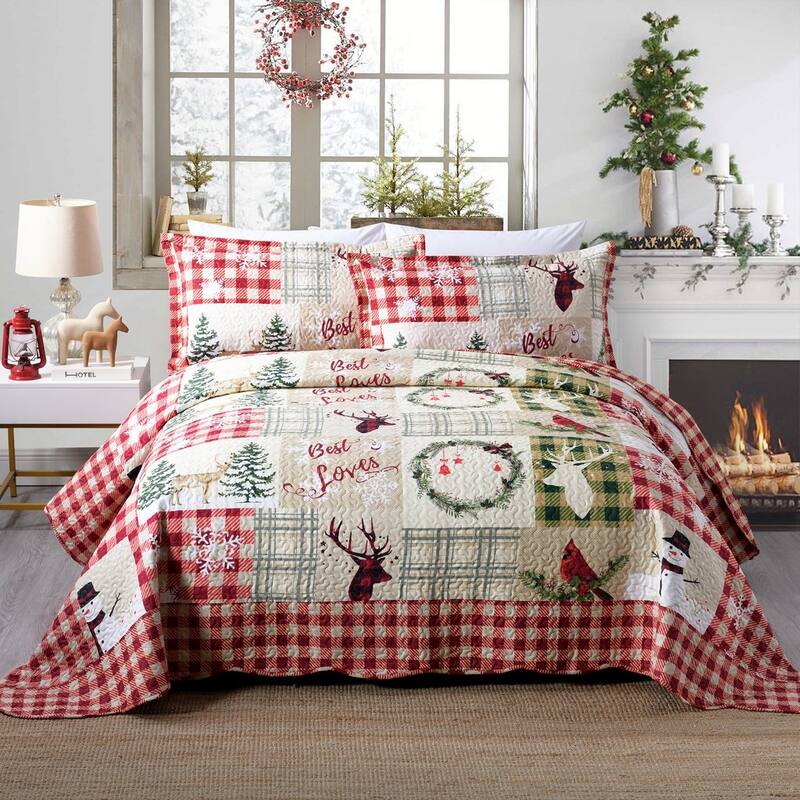 Rustic Patchwork Christmas Quilt Bedspread Set - King