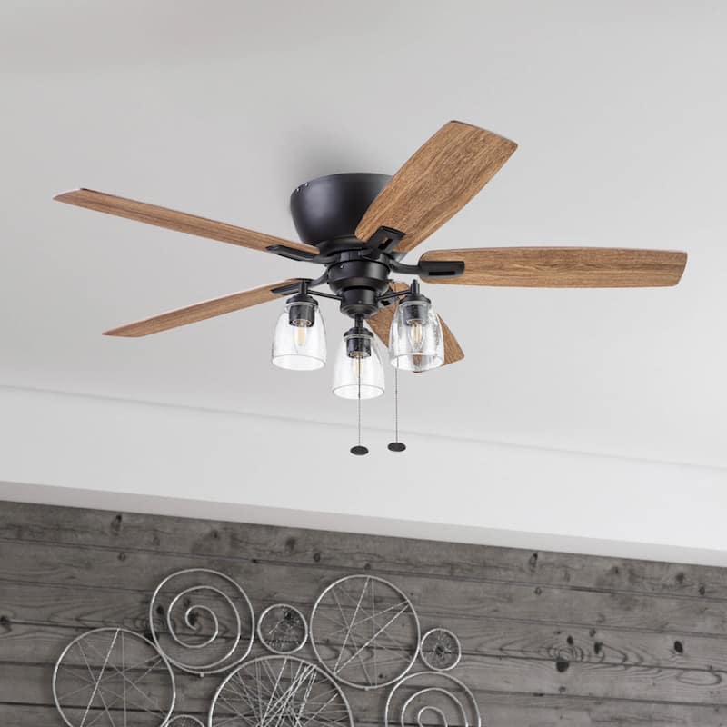 52" Prominence Home Arthur Espresso Industrial Farmhouse Flush Mount LED Ceiling Fan with Light, Pull Chain - 52 - 52 - Espresso - Pull Chain