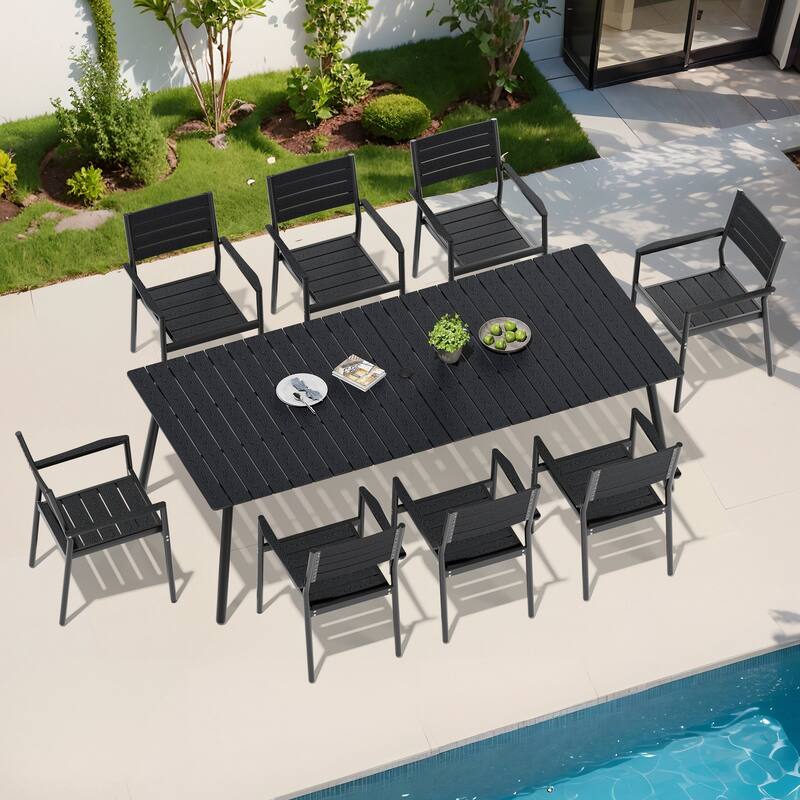 9-Piece Aluminum Outdoor Patio Dining Set with Umbrella Hole and Stackable Chairs
