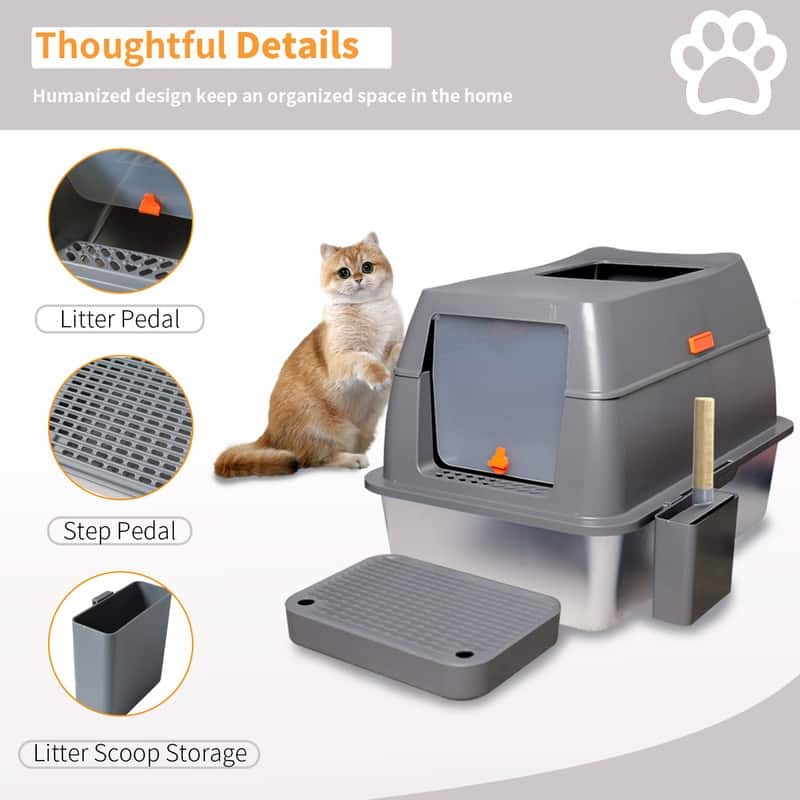 Extra Large Enclosed Stainless Steel Cat Litter Box Metal Litter Tray