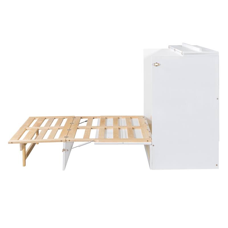 Full Size Murphy Bed Hidden Cabinet Bed with Drawer Underneath and Rattan Patterned, Clever Space Utilization Classic White