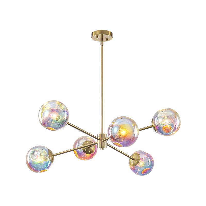 6-Light Modern Brass Iridescent Rainbow Glass Sputnik Chandelier for Dining Room - 6 Light