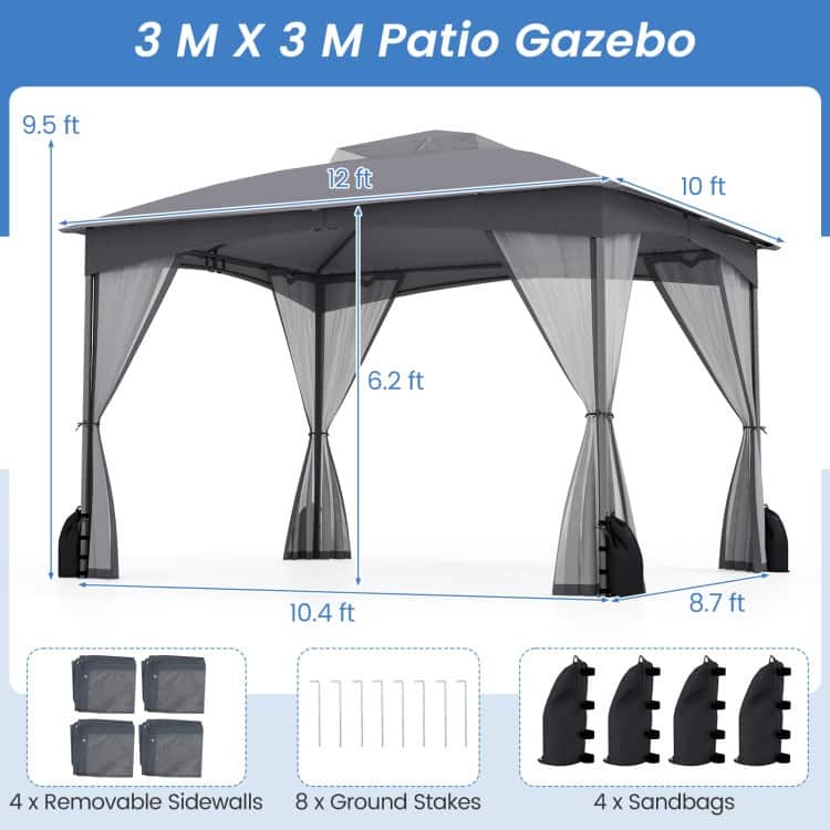 Outdoor Patio Gazebo with Double Roof, Removable Mesh Sidewalls & Sandbags - 144 x 120 x 114 inches (L x W x H)