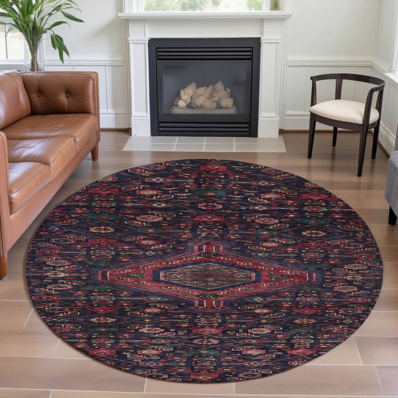 Premium Washable Super Soft Traditional Global Mayfield Rug - Navy - 8' x 8'