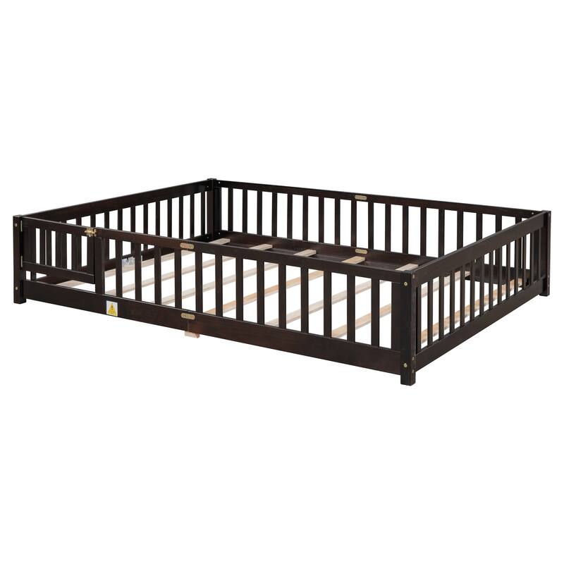 Floor Platform Bed with Fence Guardrails and Door