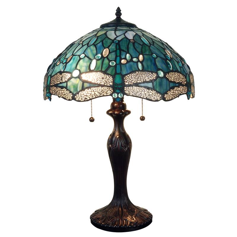Tiffany Style Two-Light Table Lamp with Dragonfly Design