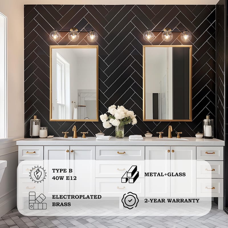 Mid-Century Modern 3-Light Black Gold Bathroom Vanity Light Globe Glass Wall Sconces - 24.5" L x 7.5" W x 8" H