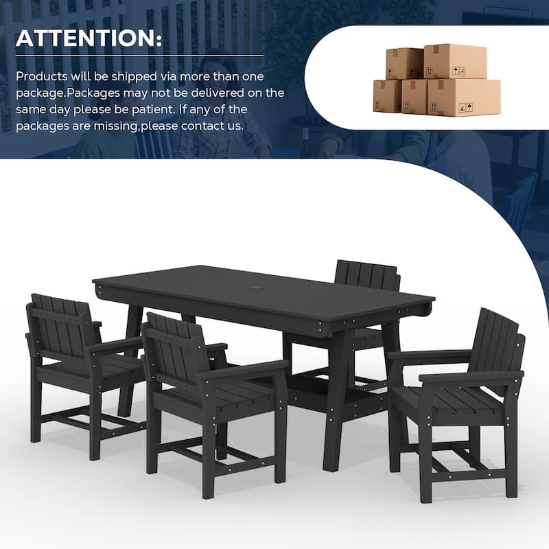HDPE Patio Dining Set with Rectangular 67.91in W Table with Umbrella Hole and 4 Chairs - N/A
