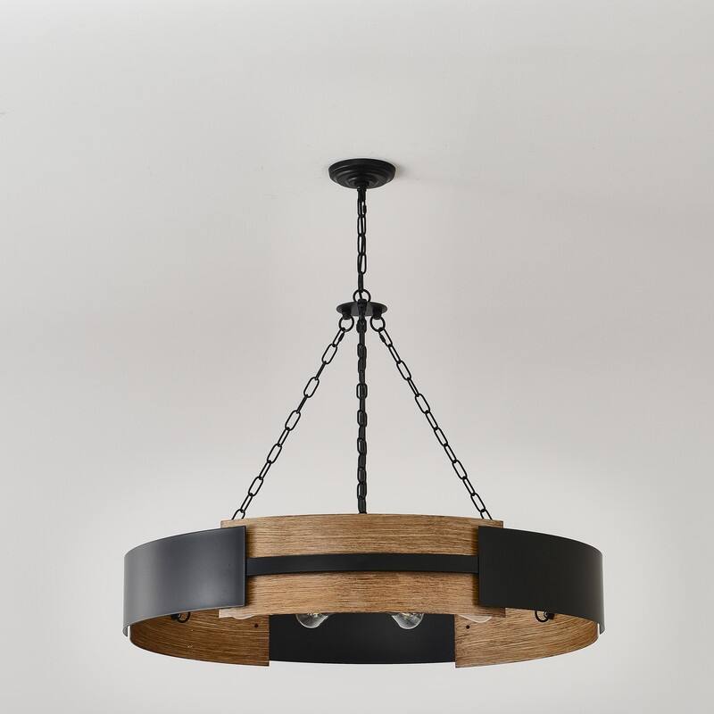 Farmhouse Drum Chandelier Wood Grain Rustic Industrial Round Metal Pendant Light
