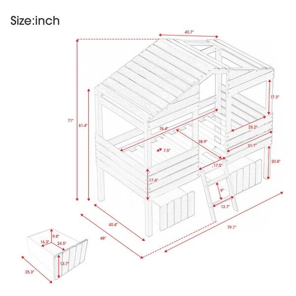 Contemporary Style Twin Size Low Loft Wood House Bed with Two Drawers ...