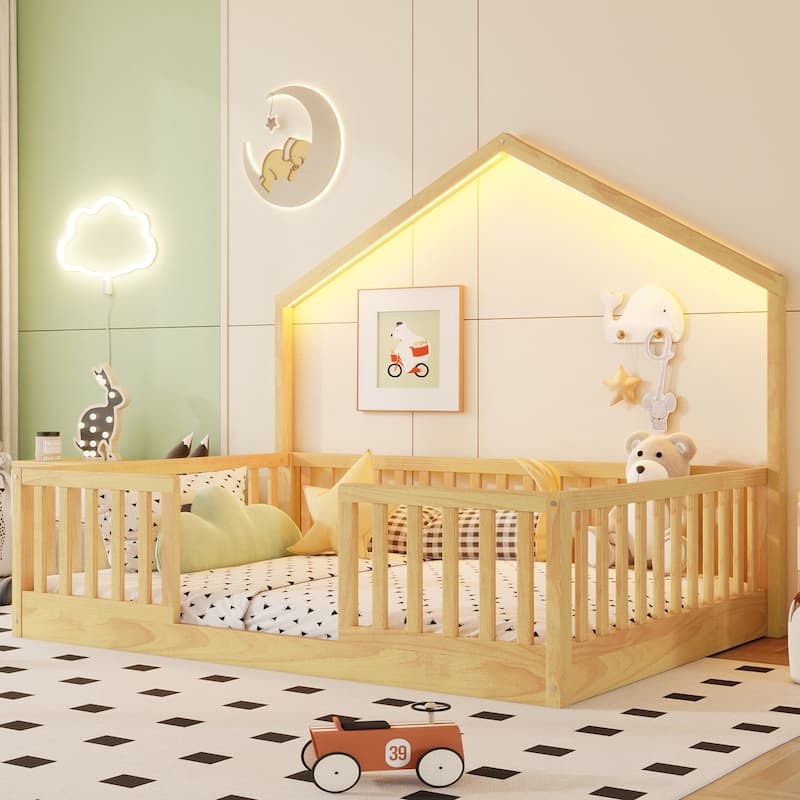 Full Floor Bed with High Rails, Wooden Montessori Bed with Light for Kids, Boys and Girls, Natural - Natural