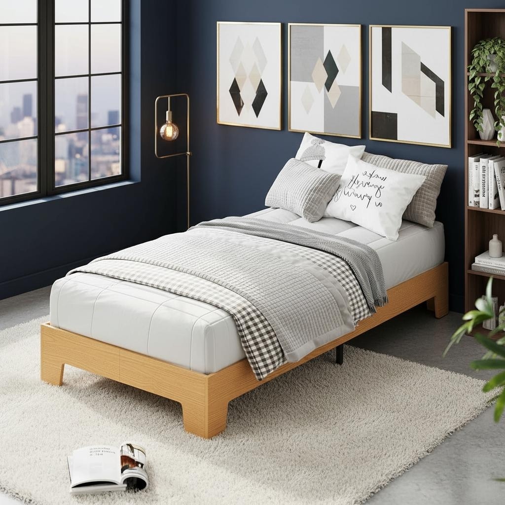 Wood Platform Bed Frame, with Strong Wooden Slats