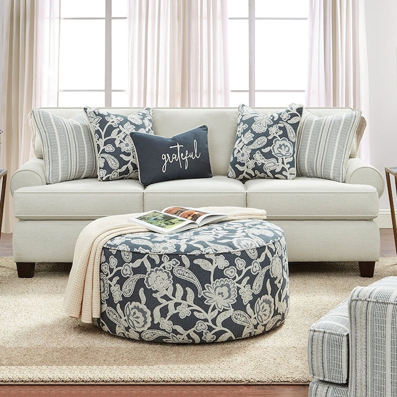 Chenille Upholstered Sofa With Pillows in Ivory Finish