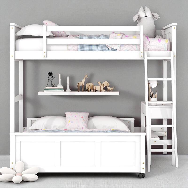 Twin Over Full / Full Over Full Bunk Bed with Built-in Desk and Storage Drawers, Solid Wood Frame - White - Twin