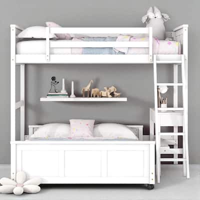 Twin Over Full / Full Over Full Bunk Bed with Built-in Desk and Storage Drawers, Solid Wood Frame