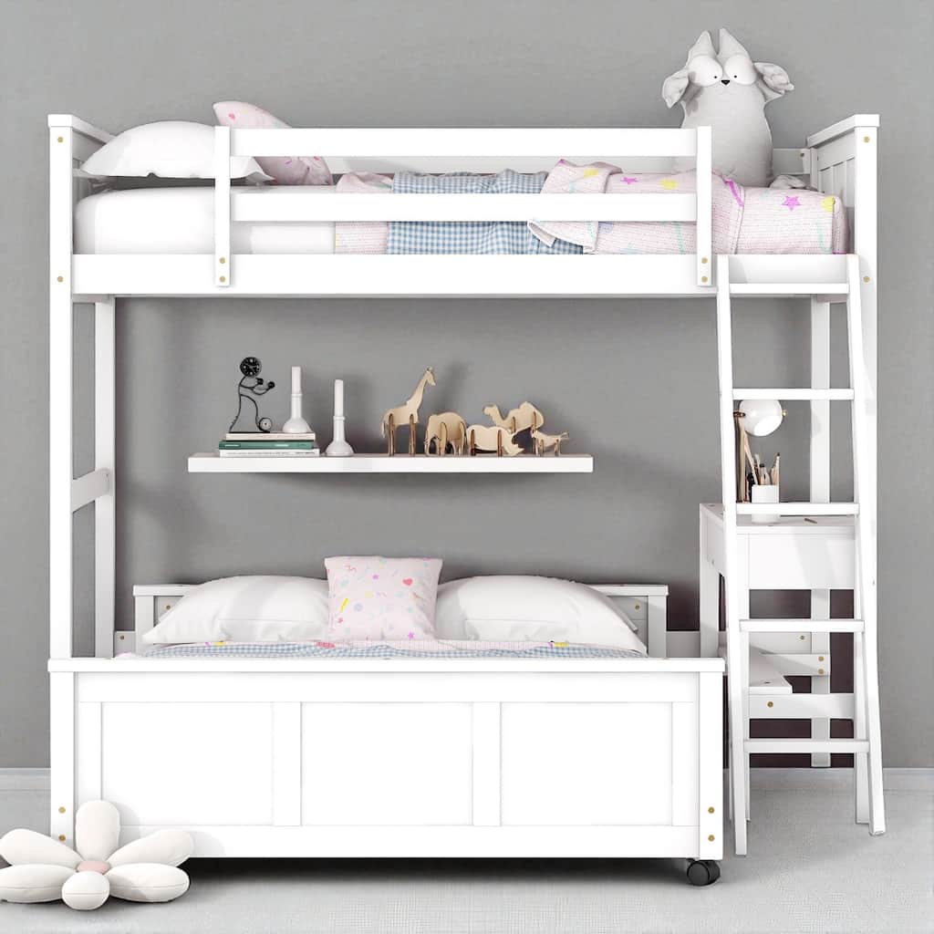 Twin Over Full / Full Over Full Bunk Bed with Built-in Desk and Storage Drawers, Solid Wood Frame