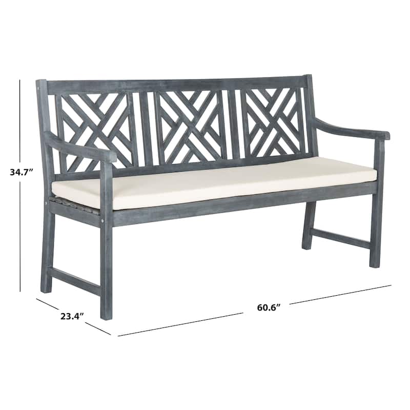 SAFAVIEH Outdoor Genara Solid Wood 3-Seat Bench with Cushion - 23Wx61Dx35H