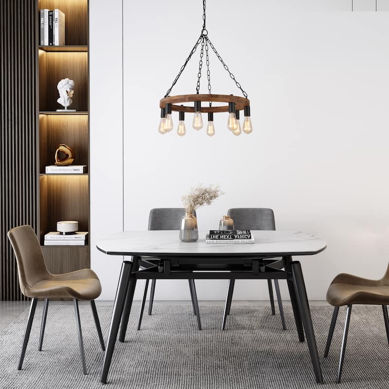 Anmytek Modern Farmhouse 8-Light Wagon Wheel Wood Chandelier Round Pendant Lights for Dining Room - 23.5" D x 24" H
