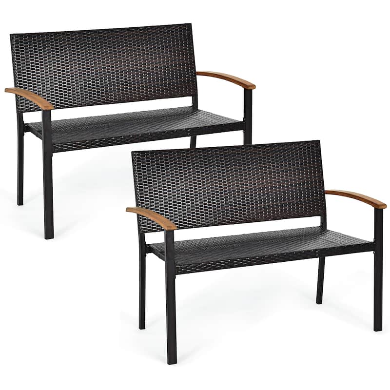 Costway 2 PCS Outdoor Patio Rattan Wicker Bench Loveseat Chair Armrest - See Details - as pic shows