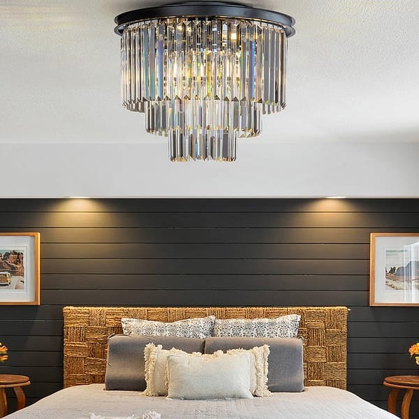 slide 2 of 9, 6-Lights Modern 3-Tier Round Fringe Crystal Flush Mount Light