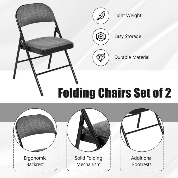 Black Fabric Upholstered Folding Chairs with Padded Seat and Sturdy Metal Frame - 18" x 20" x 30"