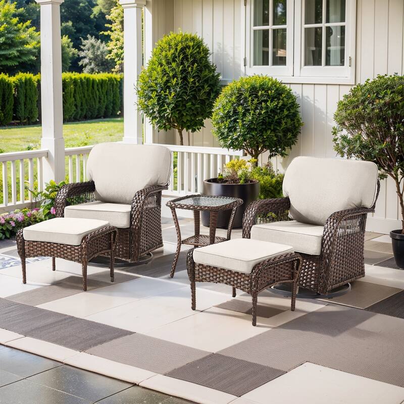 Pocassy Patio Outdoor Sofa Ottoman with Swivel Chair Table - Brown Wicker Beige Cushion - 5-Piece Swivel Chair Ottoman w/ Side Table