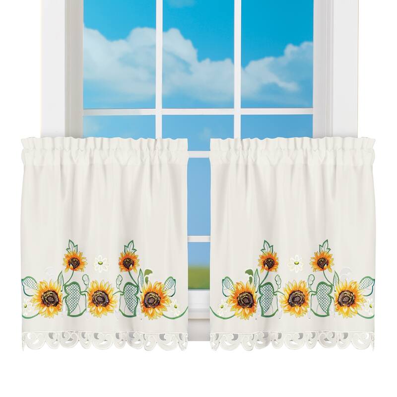 Exquisite Embroidered Sunflower Rod Pocket Curtains with Scalloped Edges