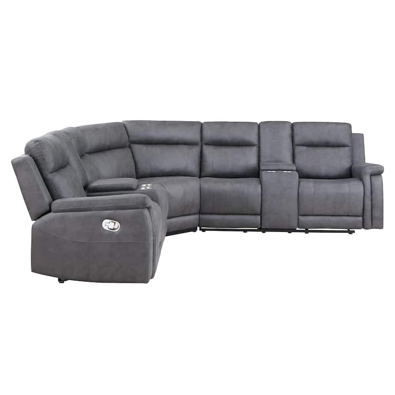 HomeRoots Gray Faux Leather Reclining Curved Corner Sectional With Console