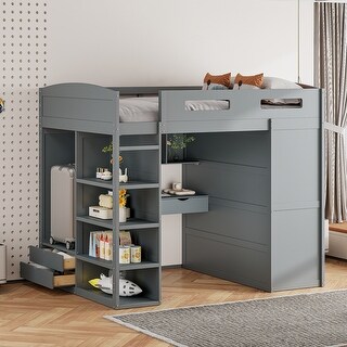 Gray Full Size Solid Wood Loft Bed with Desk, Wardrobes & Drawers