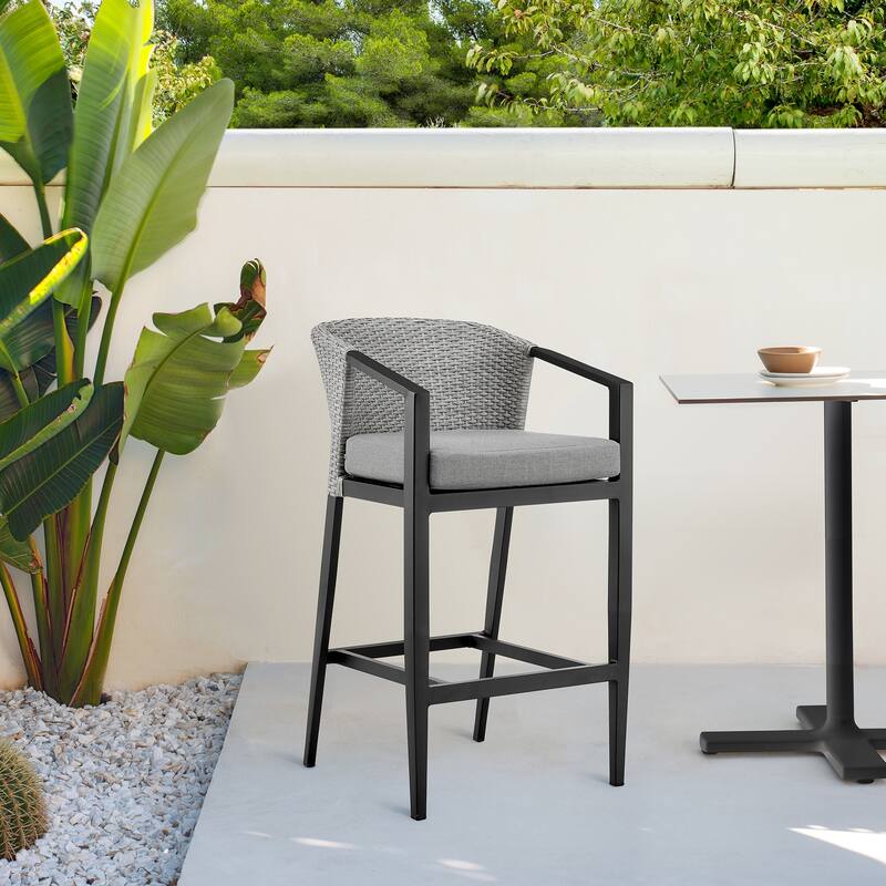 Aileen Outdoor Patio Counter Stool in Aluminum and Wicker with Grey Cushions - Black