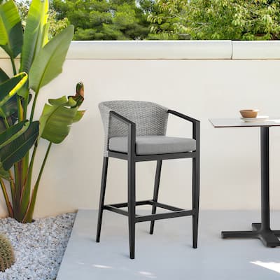 Aileen Outdoor Patio Counter Stool in Aluminum and Wicker with Grey Cushions