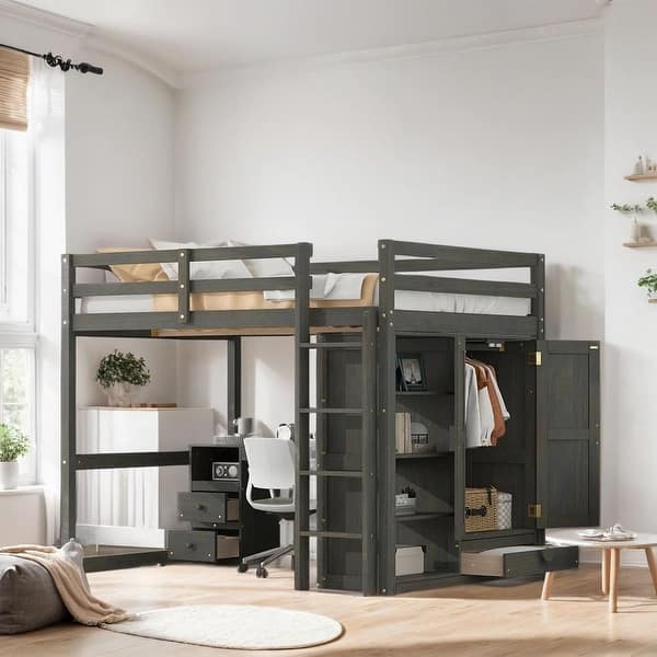 slide 2 of 7, Full Loft Bed with Wardrobe, Desk, Storage Shelves and Drawers, Grey