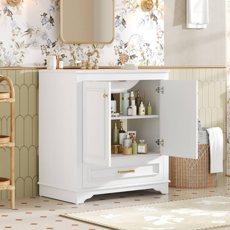 Luxurious 30" Bathroom Vanity with Ceramic Sink, 2 Soft Closing Doors & Solid Wood Frame Storage Cabinet