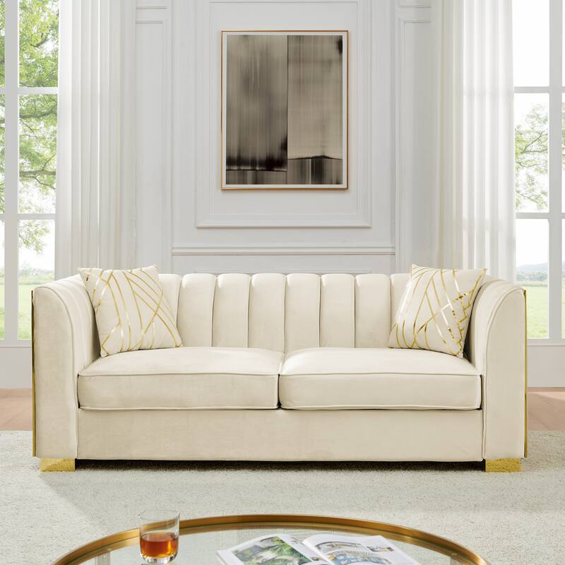 Velvet Chesterfield 3 Seater Sofa, Button Tufted Upholstered Sofa, Lounge Sofa with Stainless Steel Accents & Metal Legs - Beige