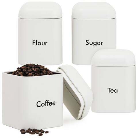 Stainless Steel Kitchen Canister Set, Sugar, Flour, Coffee, Tea (White, 40oz, 4 Pack)