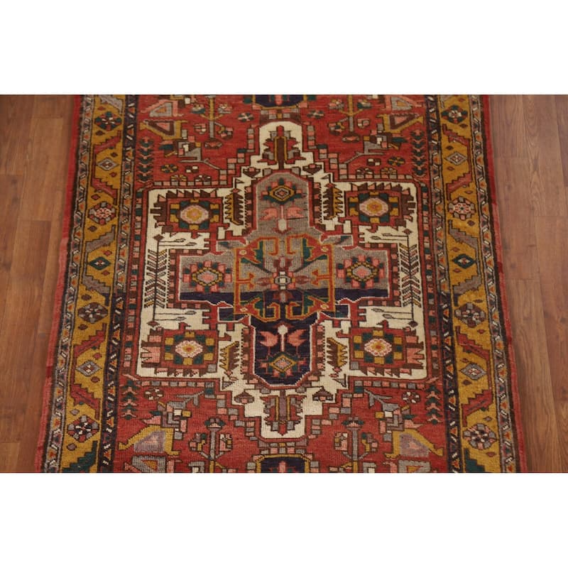 Geometric Hand-knotted Heriz Persian Vintage Runner Rug - 3'8"x 11'3"