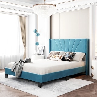 Queen Size Glam Velvet Wingback Upholstered Platform Bed with Foam Padded Headboard / Box Spring Needed / Fit up to 500LBS