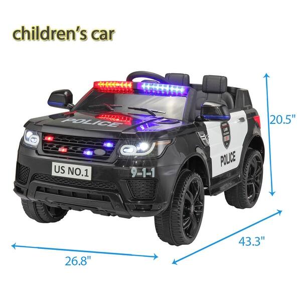 dimension image slide 1 of 2, 12V Battery-Powered Police Car for Kids, Remote Control, Megaphone, Siren, Flashing Lights, Black SUV