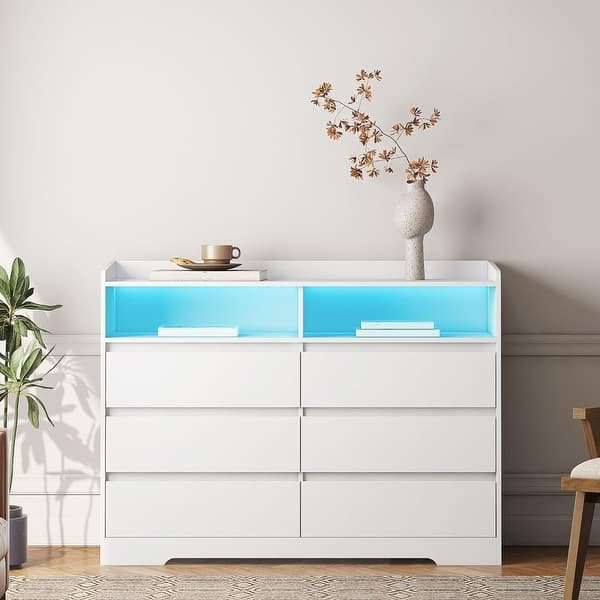 6 Drawer Dresser with LED Lights, MDF Chests of Drawers for Bedroom Storage  Cabinet, Wood Dresser with Open Shelves - Bed Bath & Beyond - 40115844