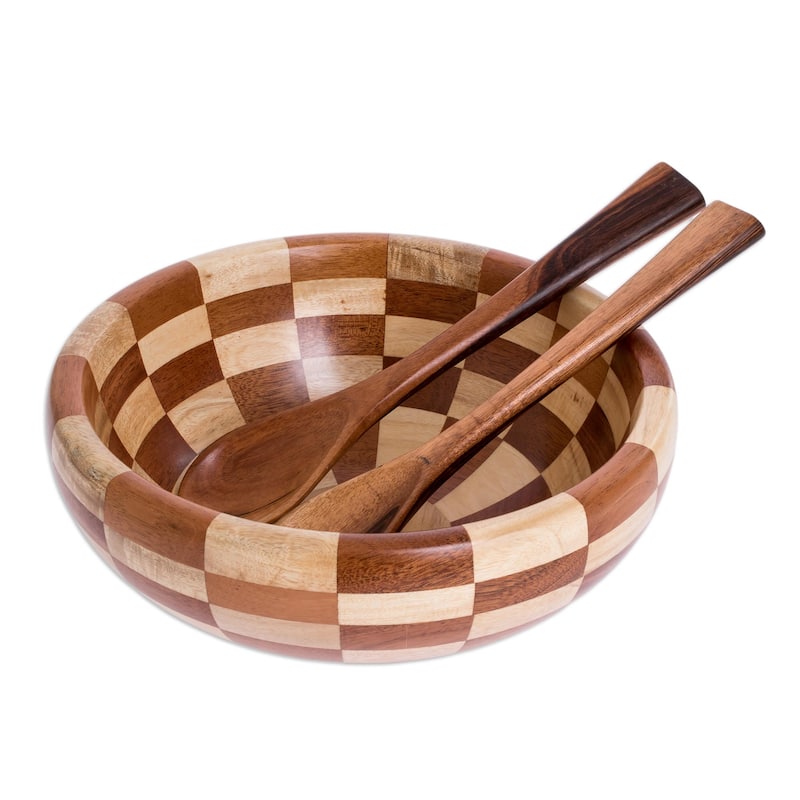 Novica Handmade Guatemala Checkerboard Mahogany Salad Serving Set