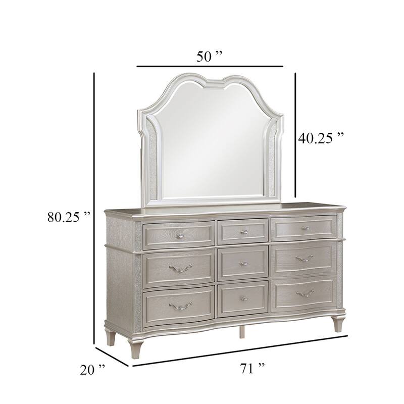 Nive Wide Dresser with Mirror, 9 Drawers, Pearl Knobs, Silver Oak