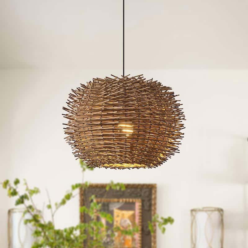 1-Light Modernism Nest Design Brown Hand-Woven Rattan Hanging Pendant Light - 20.47" W x 15.94" H