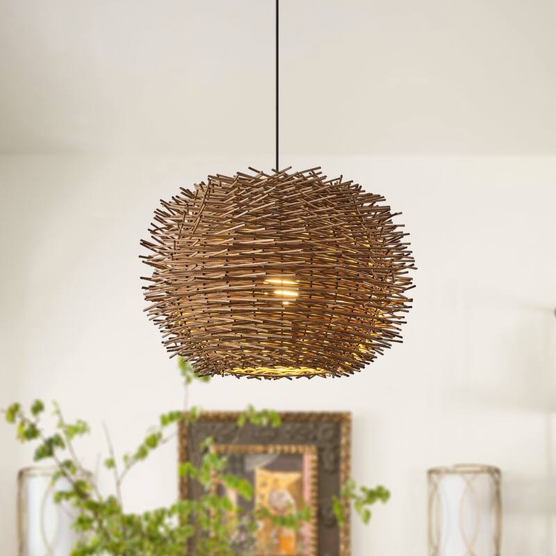1-Light Modernism Nest Brown Hand-Woven Rattan Hanging Lights Pendant Lamp - 20.47" W x 15.94" H