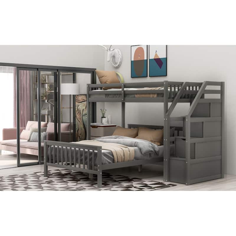 Stylish Twin Over Full Bunk Bed with Convertible Ladder and Storage